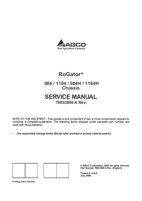 AGCO 984 1184 984H 1184H RoGator (chassis) (packet) Service Manual 79033846A English