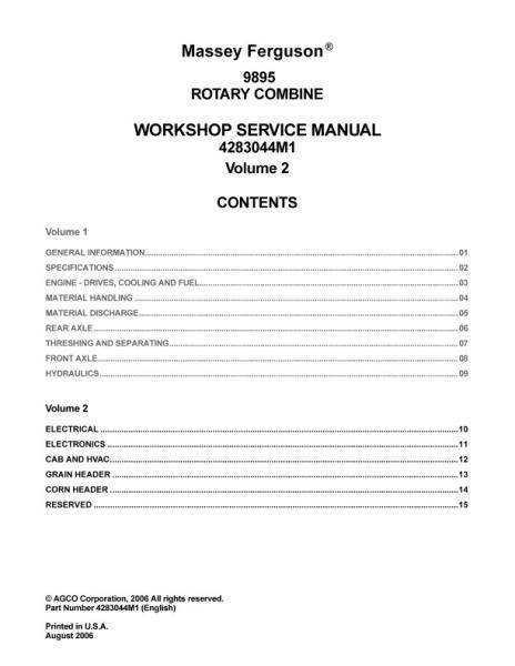 AGCO 9895 Combine (eff sn 'HSC'-'HTC', 2007-08) Vol. 2 (packet) Service Manual 4283044M1 English
