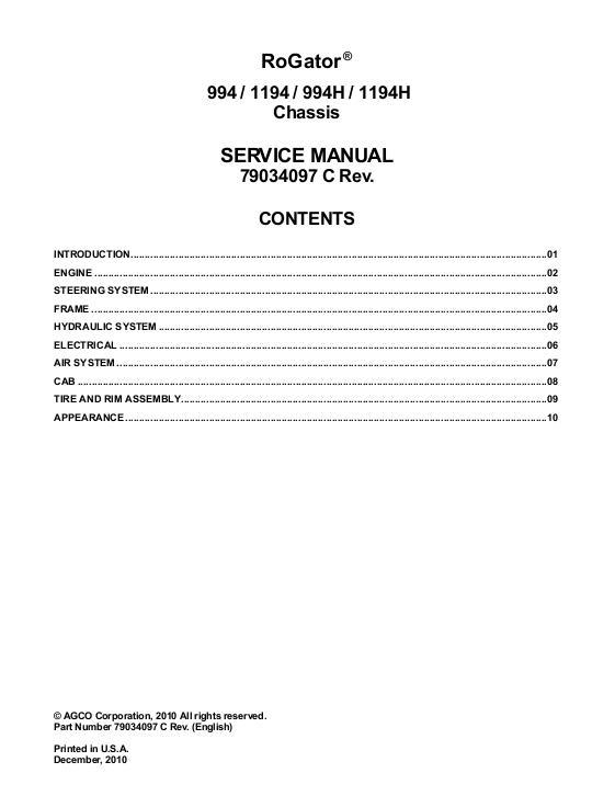 AGCO 994 1194 994H 1994H RoGator (chassis) (packet) Service Manual 79034097C English