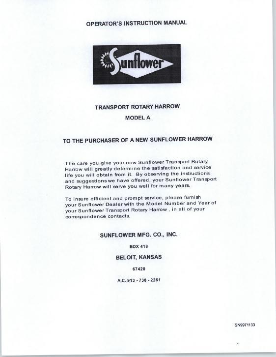 AGCO A Transport Rotary Harrow Operator Manual SN9971133 English