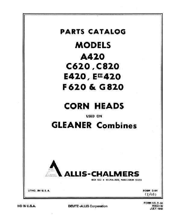AGCO A420 E420 E3-420 C620 C820 F620 G820 Corn Head Parts Book 79003149 English
