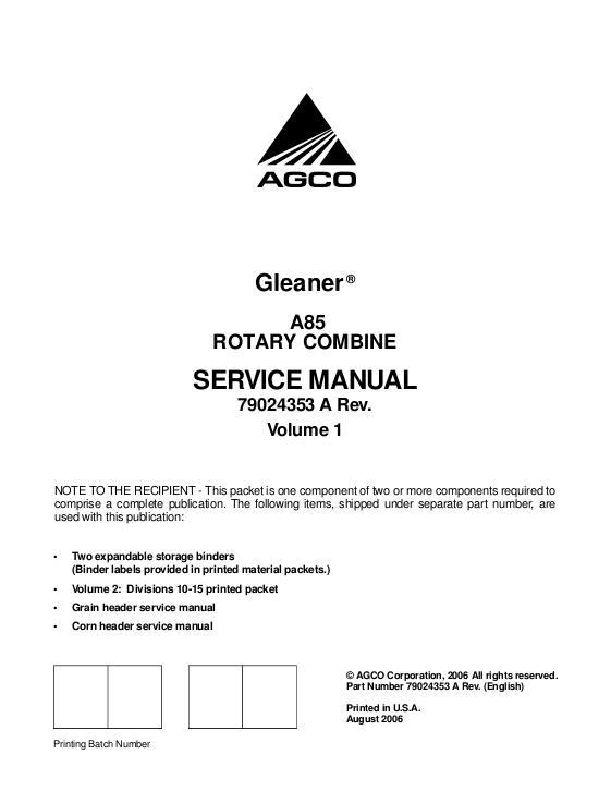 AGCO A85 Combine (Volume 1, packet) Service Manual 79024353A English