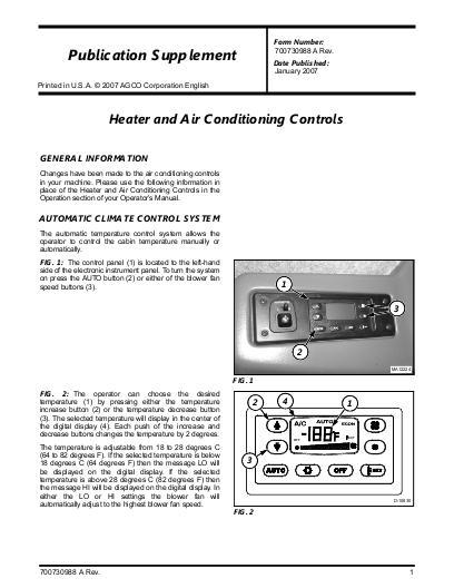 AGCO Combine Heating AC Supplement (auto climate control, 2007) Operator Manual 700730988A English 1 AGCO Combine Heating AC Supplement (auto climate control, 2007) Operator Manual 700730988A English