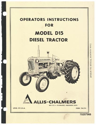 AGCO D15 Tractor (diesel, prior sn 13001) Operator Manual 70257966 English
