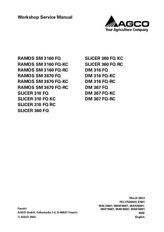 AGCO DM316 DM367, Ramos 3160 3670, Slicer 310 360 Disc Mower Service Manual FEL17526400_EN01 English