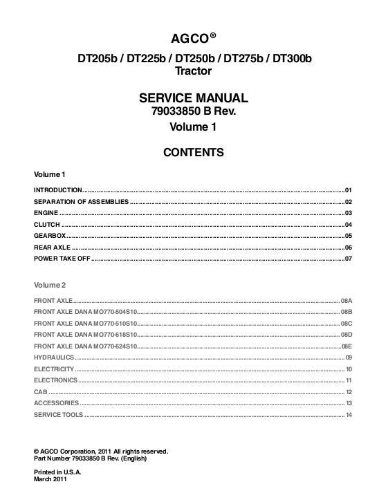 AGCO DT205B DT225B DT250B DT275B DT300B Tractor (packet) Service Manual 79033850B English