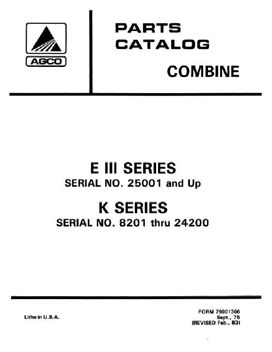 AGCO E3 Combine (eff sn 25001) K Combine Parts Book 79001306 English