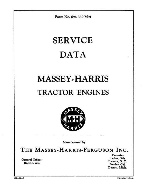 AGCO Engine Data (Massey Harris, 1954) Service Manual 694330M91 English
