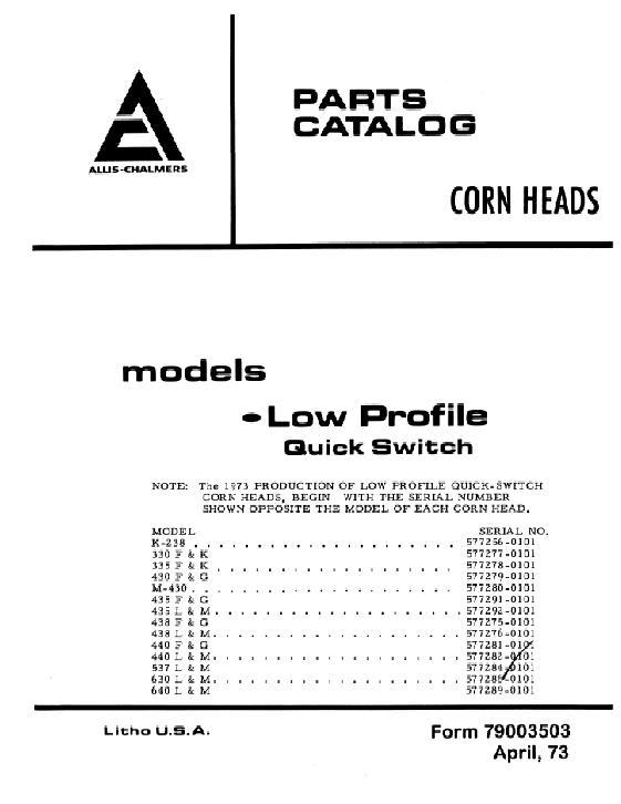AGCO F G K L M Series Corn Head (low pro, quick switch, 1973) Parts Book 79003503 English