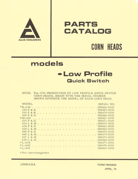 AGCO F G K L M Series Corn Head (low pro, quick switch, 1974) Parts Book 79003832 English