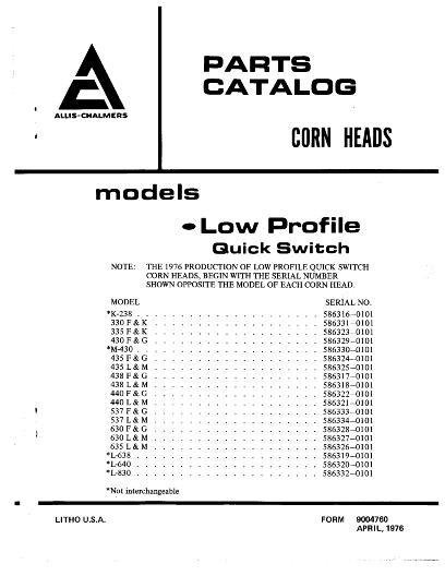 AGCO F G K L M Series Corn Head (low pro, quick switch, 1976) Parts Book 79004760 English
