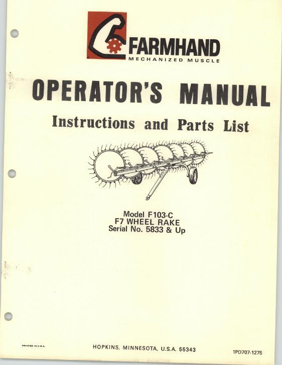 AGCO F103-C Wheel Rake (F7, eff sn 5833, 1975) Operator Manual 1PD7071275 English 1 AGCO F103-C Wheel Rake (F7, eff sn 5833, 1975) Operator Manual 1PD7071275 English