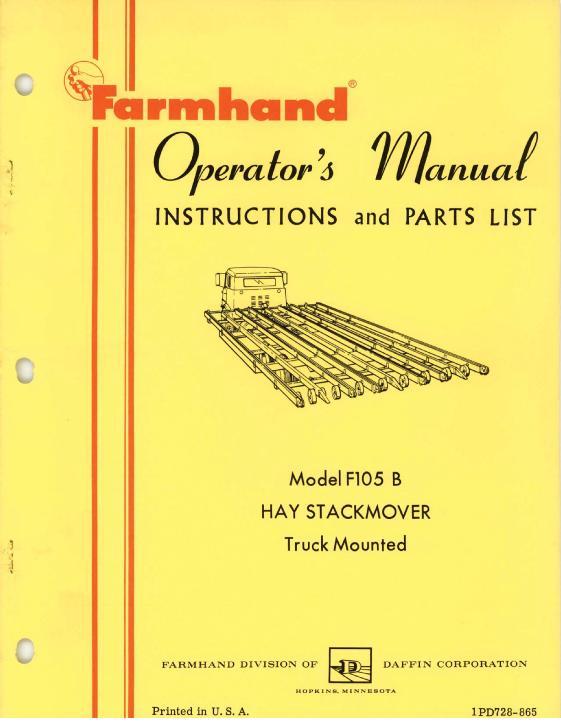 AGCO F105-B Hay Stackmover (truck mounted, 1965) Operator Manual 1PD728865 English 1 AGCO F105-B Hay Stackmover (truck mounted, 1965) Operator Manual 1PD728865 English