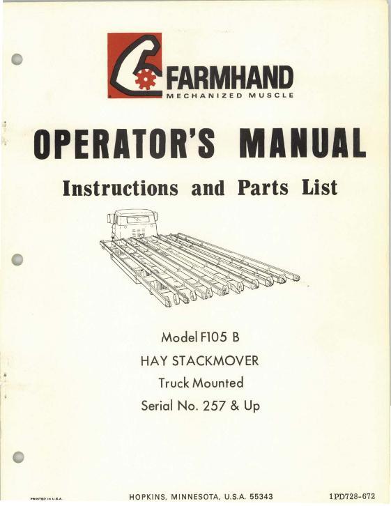 AGCO F105-B Hay Stackmover (truck mounted, eff sn 257, 1972) Operator Manual 1PD728672 English