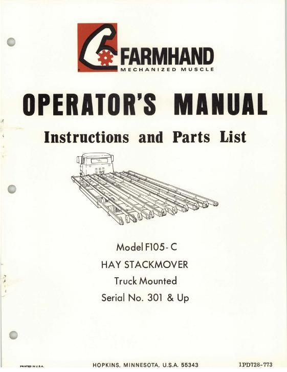 AGCO F105-C Hay Stackmover (truck mounted, eff sn 301, 1973) Operator Manual 1PD728773 English