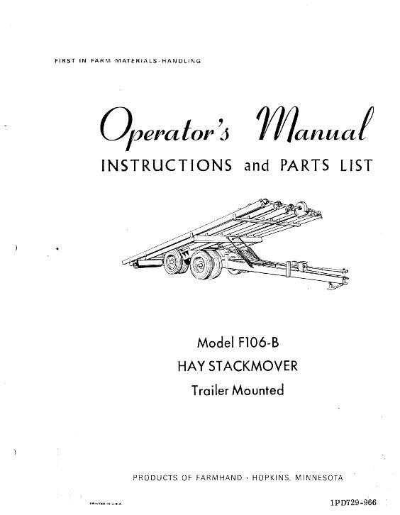 AGCO F106-B Hay Stackmover (trailer mounted, 1966) Operator Manual 1PD729966 English