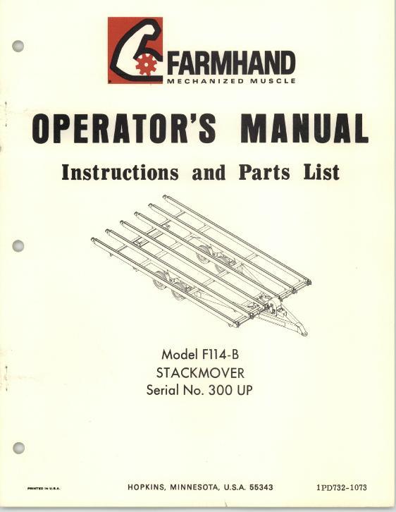 AGCO F114-B Hay Stackmover (eff sn 300, 1973) Operator Manual 1PD7321073 English 1 AGCO F114-B Hay Stackmover (eff sn 300, 1973) Operator Manual 1PD7321073 English