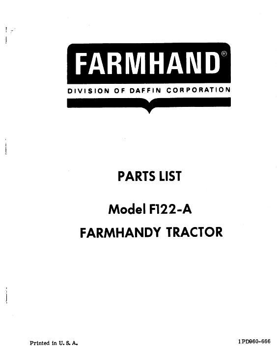 AGCO F122-A Farmhandy Tractor (1966) Parts Book 1PD960666 English