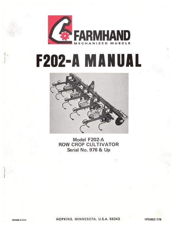 AGCO F202-A Row Crop Cultivator (eff sn 976, 1978) Operator Manual 1PD852178 English