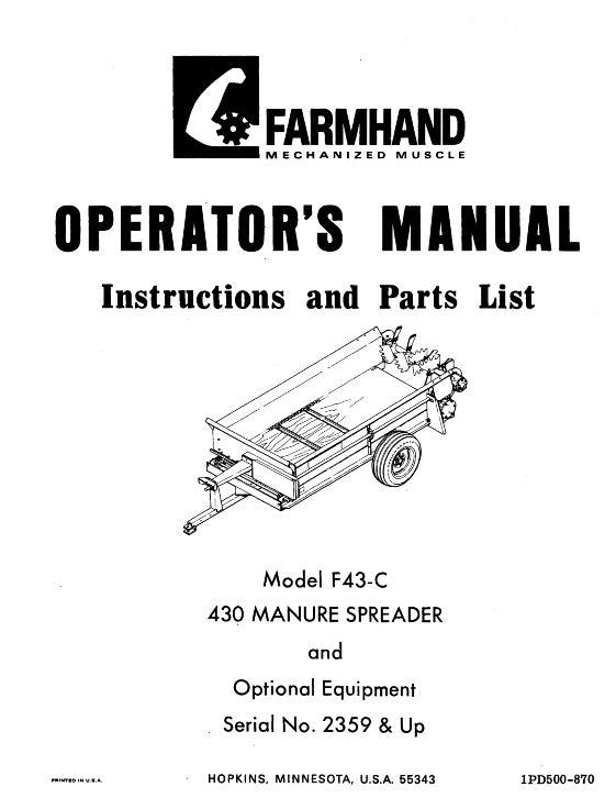 AGCO F43-C Manure Spreader (430, eff sn 2359, 1970) Operator Manual 1PD500870 English 1 AGCO F43-C Manure Spreader (430, eff sn 2359, 1970) Operator Manual 1PD500870 English