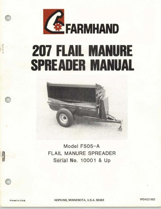 AGCO F505-A 207 Flail Spreader (manure, eff sn 10001, 1982) Operator Manual 1PD422982 English