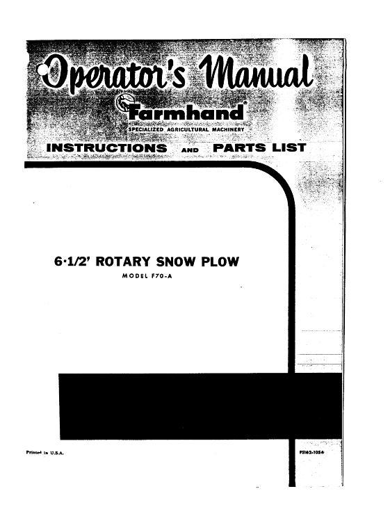 AGCO F70-A Snow Plow (6.5 ft rotary, 1954) Operator Manual FS1621054 English 1 AGCO F70-A Snow Plow (6.5 ft rotary, 1954) Operator Manual FS1621054 English