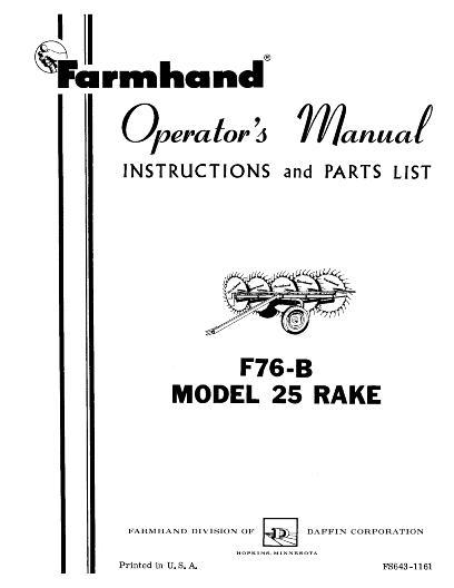AGCO F76-B 25 Wheel Rake (1961) Operator Manual FS6431161 English