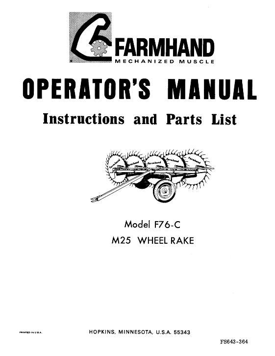 AGCO F76-C M25 Wheel Rake (1964) Operator Manual FS643364 English