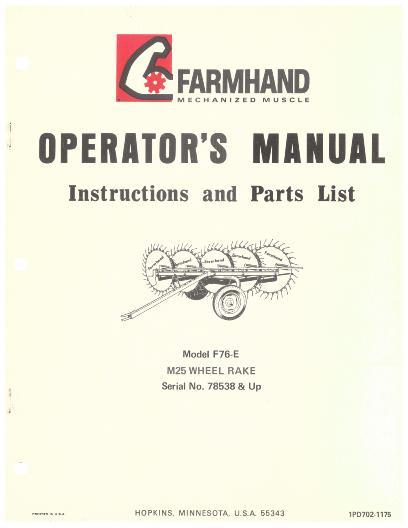 AGCO F76-E M25 Wheel Rake (eff sn 78538, 1975) Operator Manual 1PD7021175 English 1 AGCO F76-E M25 Wheel Rake (eff sn 78538, 1975) Operator Manual 1PD7021175 English