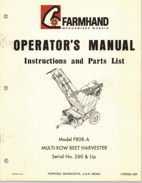 AGCO F808-A Beet Harvester (multi row, eff sn 260, 1969) Operator Manual 1PD622469 English 1 AGCO F808-A Beet Harvester (multi row, eff sn 260, 1969) Operator Manual 1PD622469 English