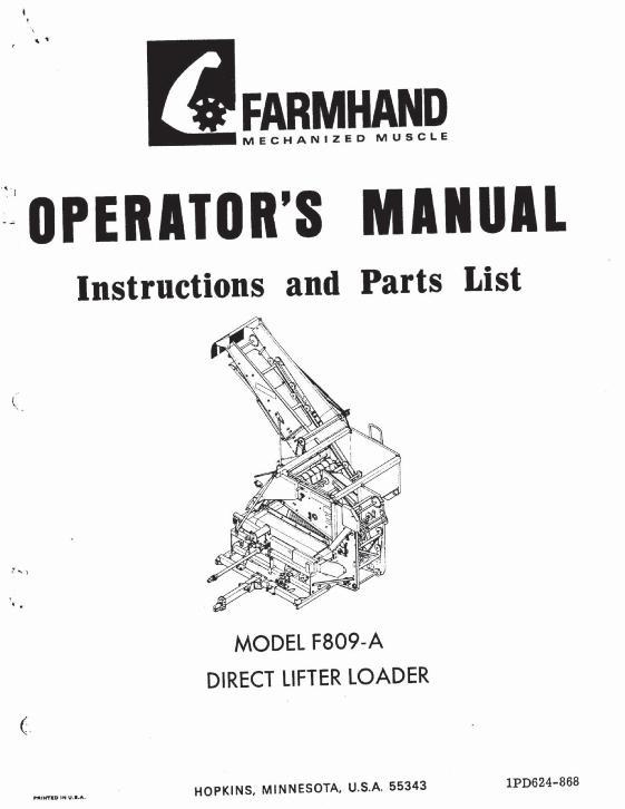 AGCO F809-A Direct Lifter Loader (1968) Operator Manual 1PD624868 English 1 AGCO F809-A Direct Lifter Loader (1968) Operator Manual 1PD624868 English
