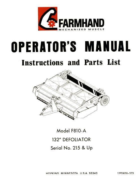 AGCO F810-A Defoliator (132 inch, eff sn 215, 1973) Operator Manual 1PD628573 English