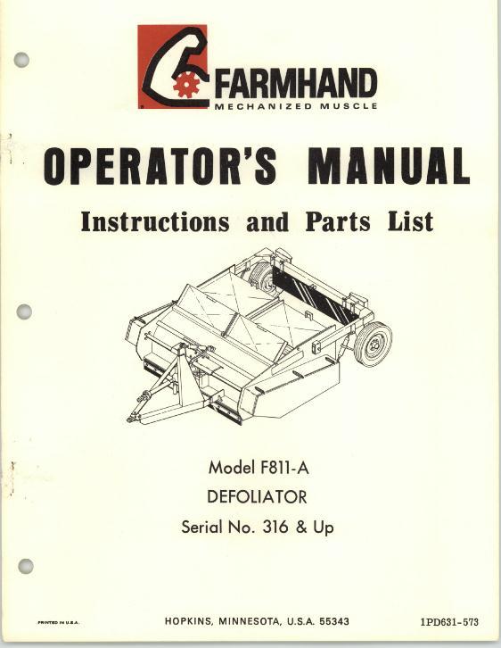 AGCO F811-A Defoliator (eff sn 316, 1973) Operator Manual 1PD631573 English