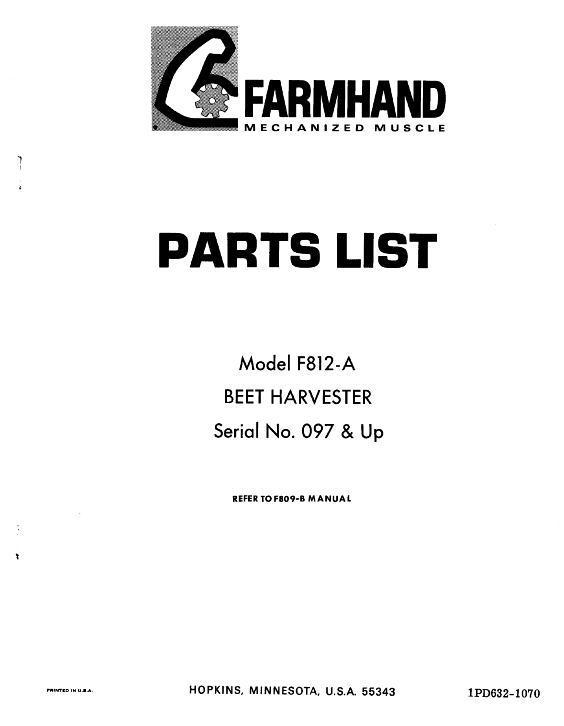 AGCO F812-A Beet Harvester (eff sn 097, 1970) Parts Book 1PD6321070 English