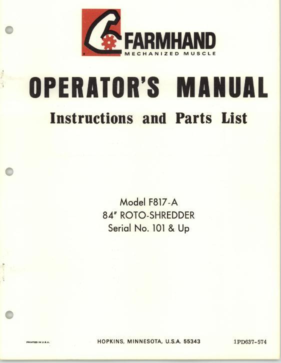 AGCO F817-A Roto Shredder (84 inch, eff sn 101, 1974) Operator Manual 1PD637574 English