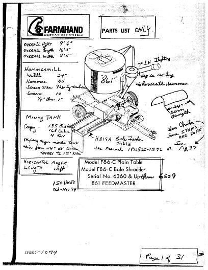 AGCO F86-C Bale Shredder F86-C Plain Table (eff sn 6360, 1974) Operator Manual 1PD8101074 English