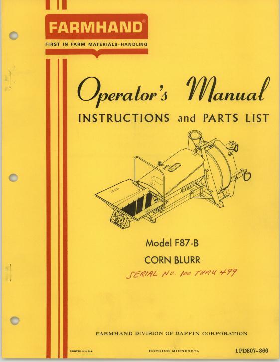 AGCO F87-B Corn Blurr (attachment, 1966) Operator Manual 1PD807866 English
