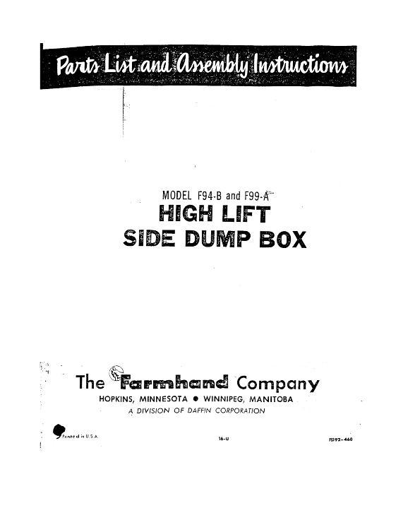 AGCO F94-B F99-A Side Dump Box (high lift, 1960) Operator Manual FS192460 English 1 AGCO F94-B F99-A Side Dump Box (high lift, 1960) Operator Manual FS192460 English