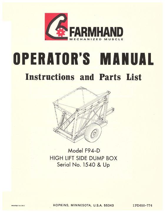 AGCO F94-D Side Dump Box (high lift, eff sn 1540, 1974) Operator Manual 1PD650774 English 1 AGCO F94-D Side Dump Box (high lift, eff sn 1540, 1974) Operator Manual 1PD650774 English