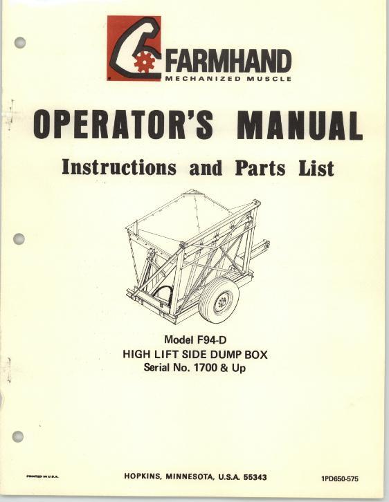 AGCO F94-D Side Dump Box (high lift, eff sn 1700, 1975) Operator Manual 1PD650575 English 1 AGCO F94-D Side Dump Box (high lift, eff sn 1700, 1975) Operator Manual 1PD650575 English