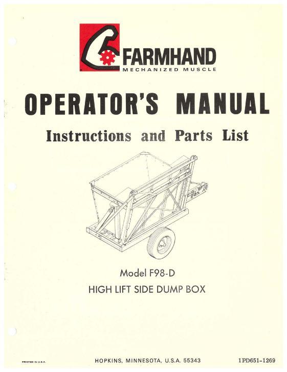 AGCO F98-D Side Dump Box (high lift, 1969) Operator Manual 1PD6511269 English 1 AGCO F98-D Side Dump Box (high lift, 1969) Operator Manual 1PD6511269 English