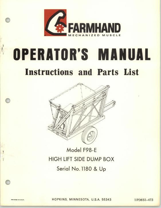 AGCO F98-E Side Dump Box (high lift, eff sn 1180, 1973) Operator Manual 1PD651473 English 1 AGCO F98-E Side Dump Box (high lift, eff sn 1180, 1973) Operator Manual 1PD651473 English