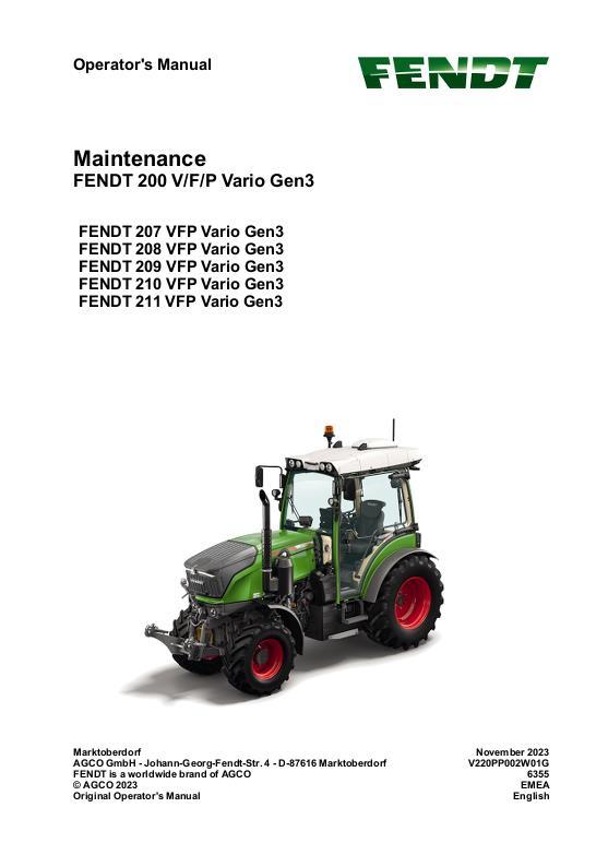 AGCO FENDT 200 V F P Vario Gen3, Operator & Maintenance Manual Service Manual V220PP002W01G English