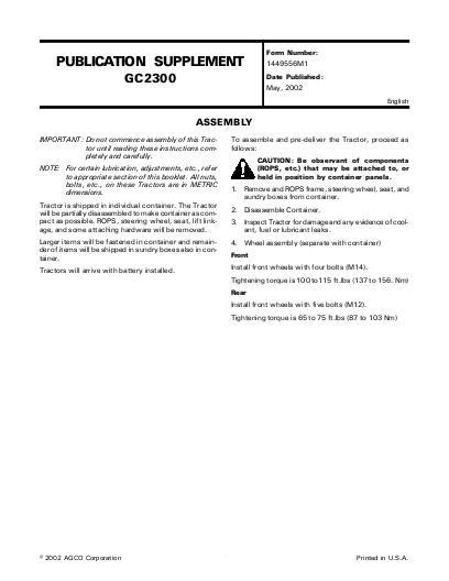 AGCO GC2300 Compact Tractor (assembly supplement) Operator Manual 1449556M1 English