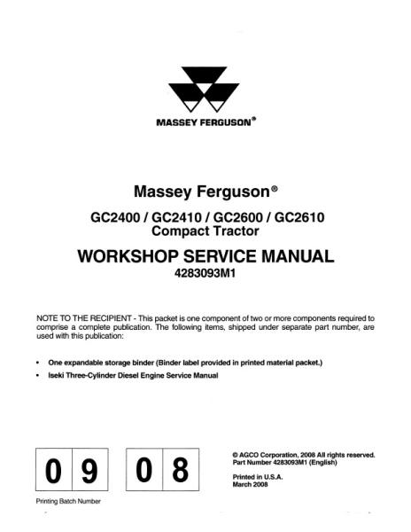 AGCO GC2400 GC2410 GC2600 GC2610 Compact Tractor (packet) Service Manual 4283093M1 English