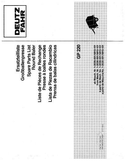 AGCO GP2.20 Round Baler Parts Book 2951304 English