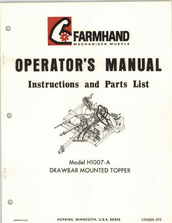 AGCO H1007-A Beet Topper (drawbar mounted for F808-A, 1973) Operator Manual 1PD623673 English 1 AGCO H1007-A Beet Topper (drawbar mounted for F808-A, 1973) Operator Manual 1PD623673 English