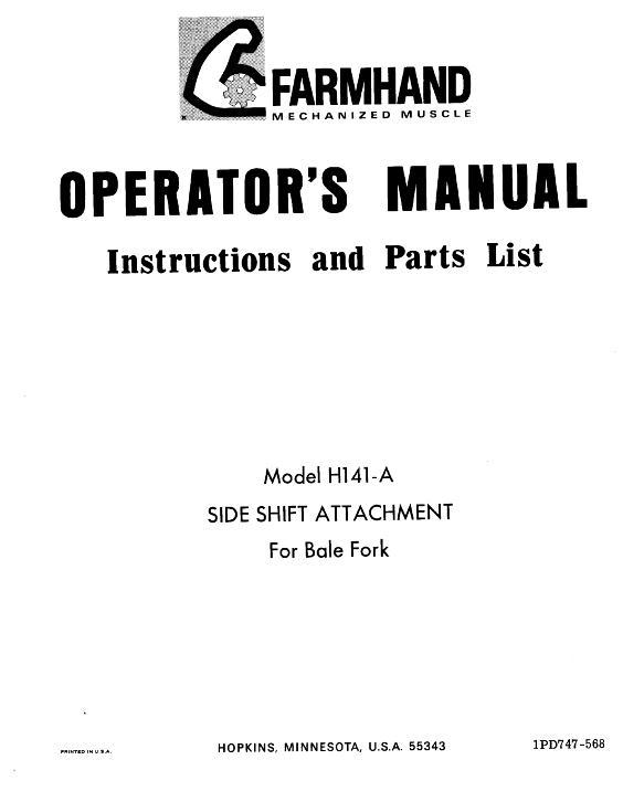 AGCO H141-A Side Shift Attachment (for bale fork, 1968) Operator Manual 1PD747568 English 1 AGCO H141-A Side Shift Attachment (for bale fork, 1968) Operator Manual 1PD747568 English