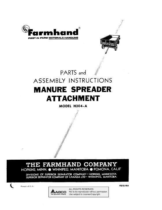 AGCO H304-A Manure Spreader (attachment, 1954) Operator Manual FS115954 English 1 AGCO H304-A Manure Spreader (attachment, 1954) Operator Manual FS115954 English