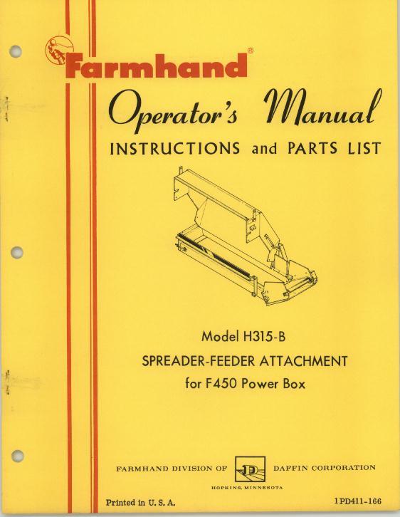 AGCO H315-B Spreader Feeder (attachment for F450 Power Box, 1966) Operator Manual 1PD411166 English